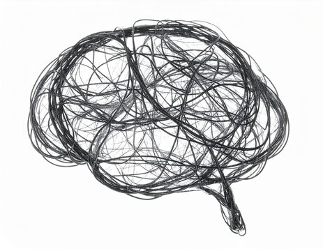 Brain made of tangled wires on white background