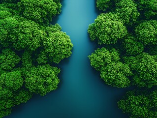 Lush green forest divided by a waterway