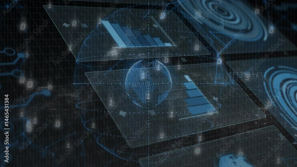 Poster Central 3D wireframe globe rotating in grid space, displaying translucent panels and binary streams