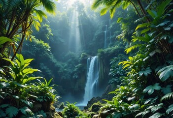 Majestic waterfall hidden in lush tropical rainforest casting soft light in morning hours