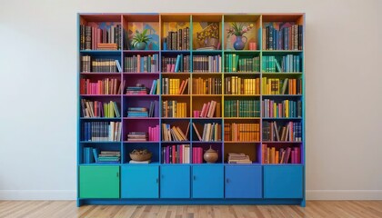 Obraz premium A Vibrant Rainbow Bookshelf Filled with Literature