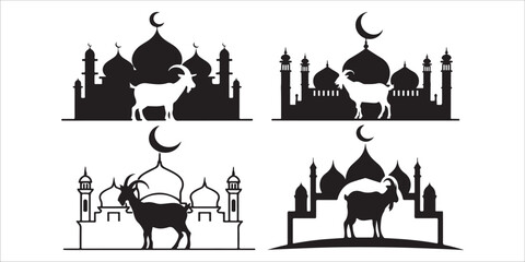 Vector illustration featuring a silhouette of a mosque with Arabic Islamic calligraphy for both the mosque and Eid Mubarak, embodying religious art and design