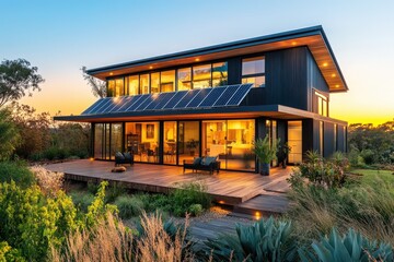 Obraz premium Modern, sustainable home exterior at sunset.