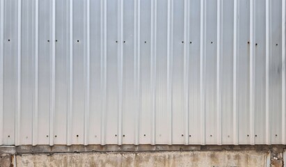 Galvanized steel wall factory, gray corrugated steel sheet, outdoor steel fence, construction materials. Silver metal sheet wall of factory, background image with texture.