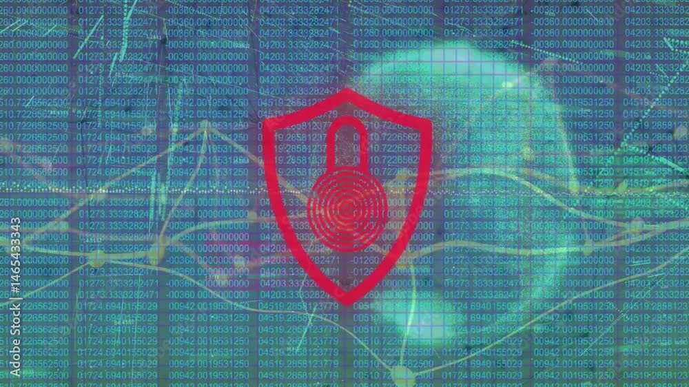 Poster red shield icon floating over grid and wireframe globe, showing fingerprint motif and glowing lines