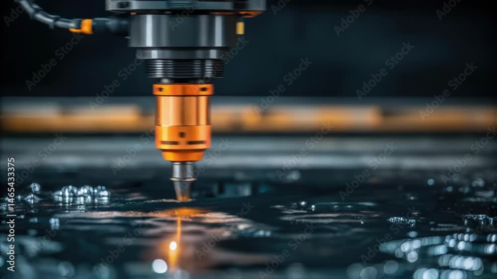 Poster a closeup image of a robotic welding tool its nozzle glowing orange from the heat while surrounded b