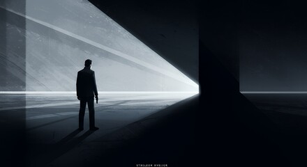 A Silhouetted Figure Stands in a Dramatic Lit Corridor Holding a Gun