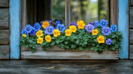 Colorful pansies in a rustic wooden window box