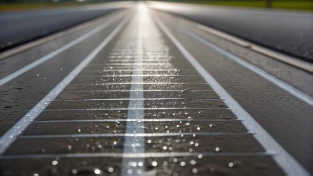 A closeup image of rainwater pooling on the textured surface of a solar road demonstrating the integrated drainage features designed to enhance safety and maintain performance.