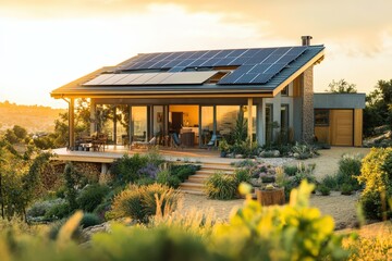 Obraz premium Modern, sustainable home at sunset, nestled in the landscape.