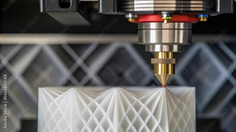 Aufkleber A closeup of a 3D printer nozzle extruding precise layers of filament with a completed design featuring intricate geometrical forms in the background.