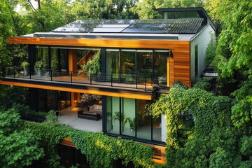 Modern, eco-friendly residence nestled amidst lush greenery.