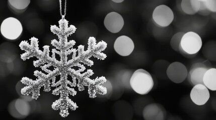 Against a dark canvas, a fragile snowflake trinket glimmers, summoning the mystique of winter