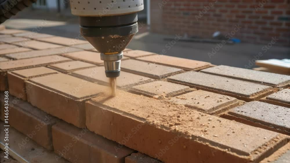 Poster A closeup of a bricklaying machines nozzle dispensing adhesive with glistening droplets reflecting sunlight surrounded by freshly laid bricks in a uniform pattern.