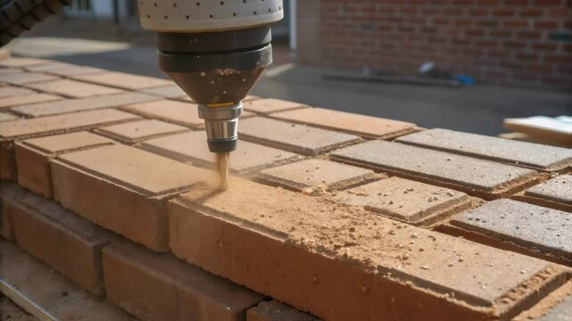 A closeup of a bricklaying machines nozzle dispensing adhesive with glistening droplets reflecting sunlight surrounded by freshly laid bricks in a uniform pattern.