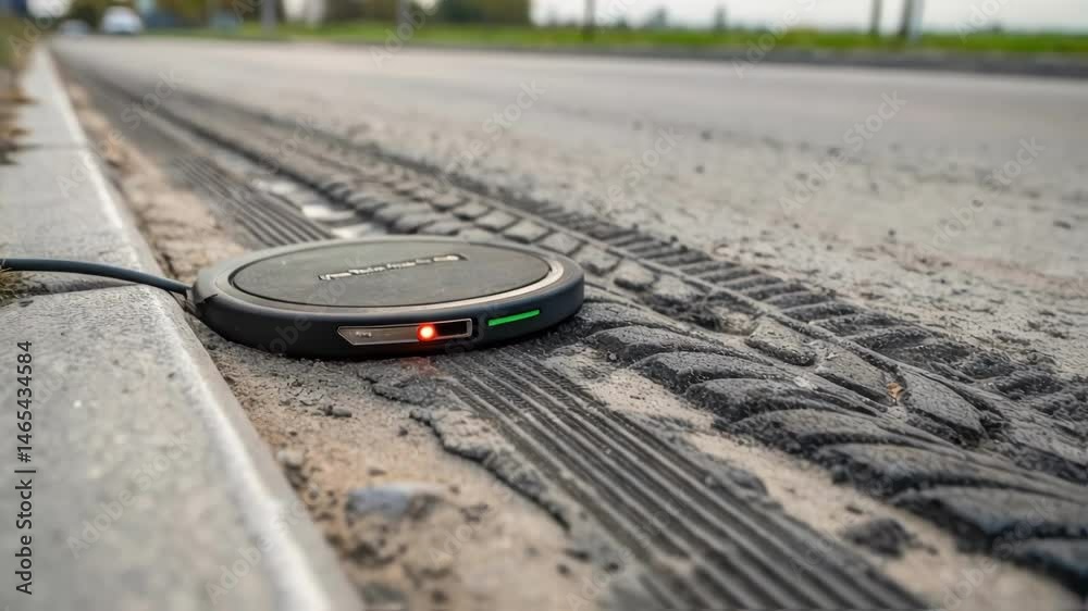 Poster a closeup of a charging pad for electric vehicles embedded in the road featuring an illuminated indi