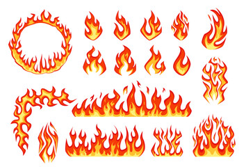 Cartoon fire. Campfire. Red flames, bright fireball and burning hoop, heat wildfire border and red hot bonfire, fiery flame frame elements isolated vector set
