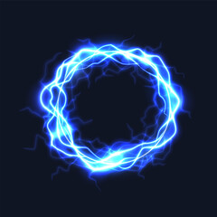 Blue lightning circle. Cartoon glowing electric strike round effect. Glowing blue fire frame, magic power ring, game portal. Energy teleport vector background