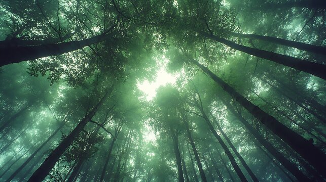 Lush green forest canopy viewed from below.