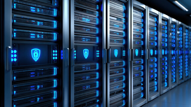 Secure server room with rows of blinking servers, featuring glowing blue lights and lock icons, creating high tech atmosphere of data protection and security