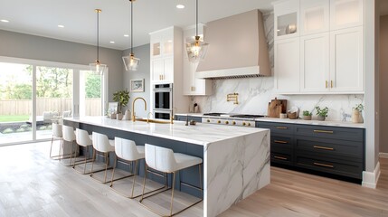Luxurious gourmet kitchen with high end appliances and marble island