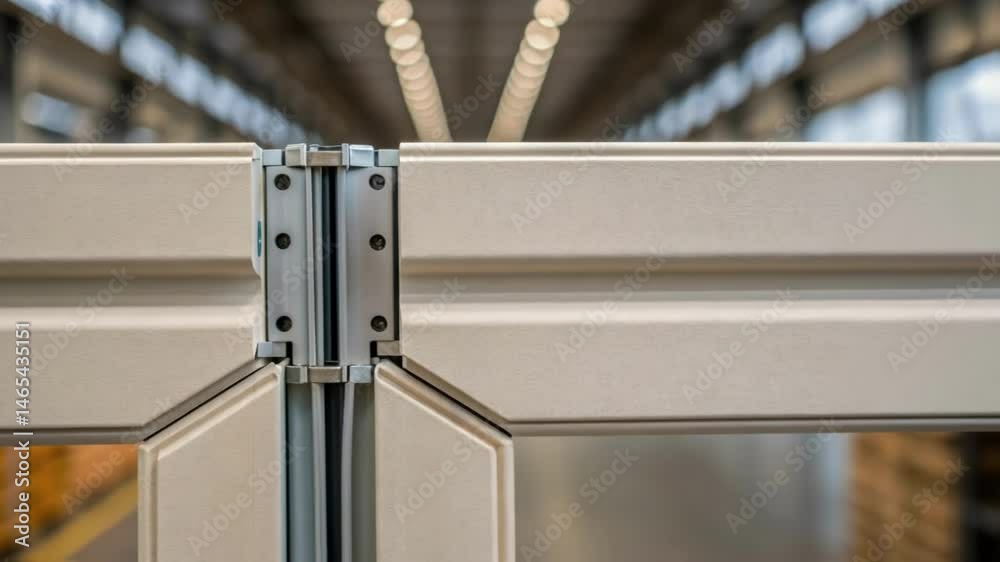Poster A closeup of a corner joint between two prefabricated wall panels highlighting the advanced interlocking mechanisms that secure walls while accommodating embedded utilities.