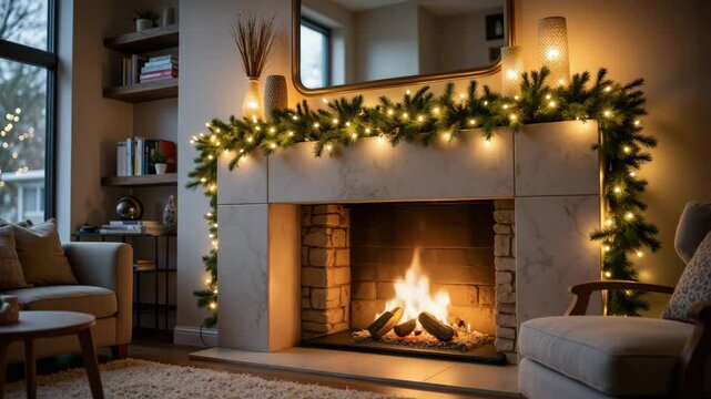 Cozy fireplace adorned with Christmas decorations in a warm living room  
