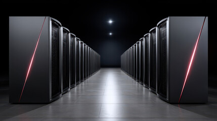 Modern supercomputer room featuring rows of sleek, high performance servers with pulsating lights, creating futuristic atmosphere. environment is dark, emphasizing technology advanced design