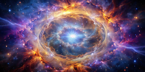 Obraz premium A vibrant cosmic explosion takes center stage, surrounded by swirling clouds of colorful nebula. Stars radiate from the luminescent core, illuminating the dark expanse of space