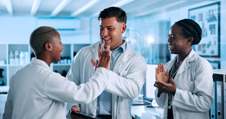 Science, laboratory and people high five to celebrate for study results, breakthrough and medical...