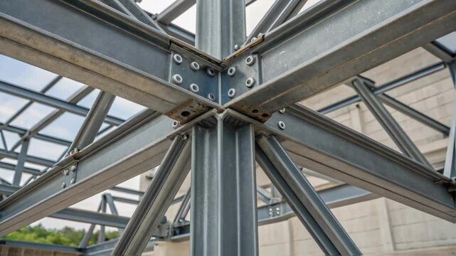 A closeup of a crossbracing system made of steel showcasing the angular metal rods that provide additional structural support and stability to a buildings frame.