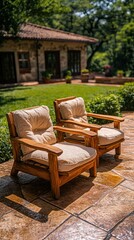 Fototapeta premium Two wooden chairs on tiled terrace with blurred house