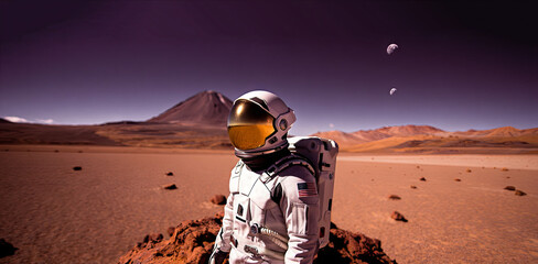 An astronaut stands confidently on the surface of a distant planet, surrounded by rocky terrain and a breathtaking landscape. The sky glows with unique colors and distant celestial bodies hover