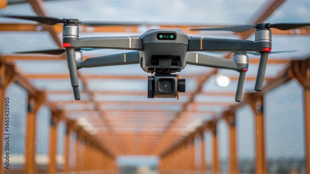Poster A closeup of a drones camera feed displaying a 3D visualization of assembly instructions while hovering beside interconnected structural beams showcasing the integration of
