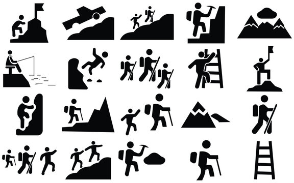 Climbing and Hiking Solid Icons Set: Mountain Adventure Vector Collection