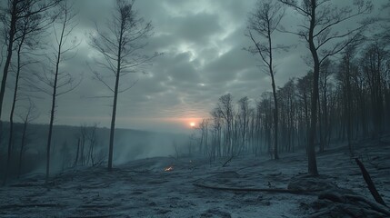 Forest ravaged by fire at sunset, somber landscape.
