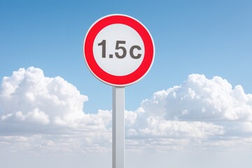 Minimalist Road Sign Indicates Temperature Limit of 1.5 Degrees Celsius Against a Clear Blue Sky With Clouds