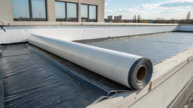 A closeup of a fireproof roofing membrane rolled out across a parapet showing its thickness and protective qualities against harsh weather and fire hazards.