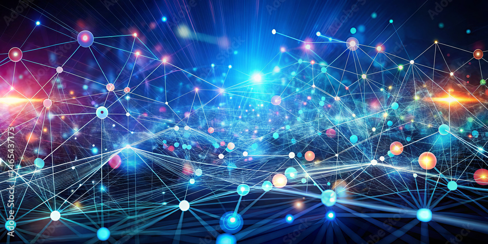 Poster colorful nodes and lines create a complex digital network, highlighting connections and data flow. t