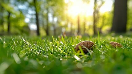 Obraz premium Low Angle View of Grassy Field with Nuts and Sunlight in Park