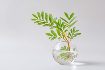 Lush Plant Growing Inside a Clear Glass Sphere Filled With Water on a Clean Surface