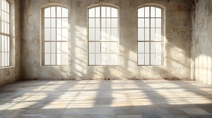 Fototapeta premium Empty industrial space with large arched windows.