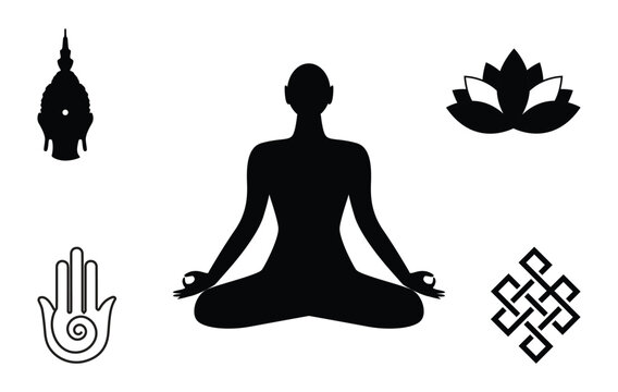 Buddhist symbols elements silhouettes 