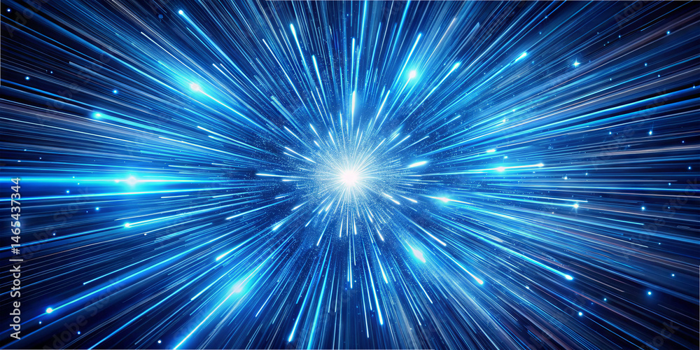 Poster bright blue light beams burst outward from a central point, creating a dynamic visual display that c