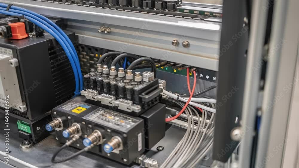 Aufkleber A closeup of a hightech modular vibration control system with various interconnected components illustrating its adaptability across different machinery types.