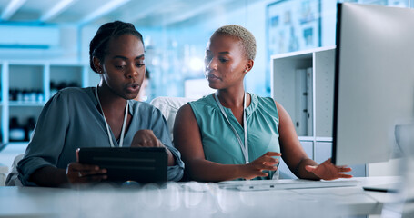 Talking, data scientist or black people in lab with tablet, computer or gene editing medical...