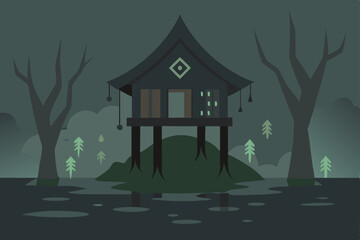 fog filled swamp shack on stilts with cursed runes
