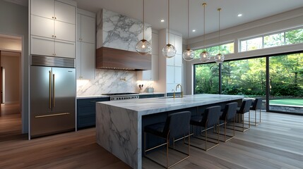 Luxurious gourmet kitchen with professional grade appliances and custom marble island