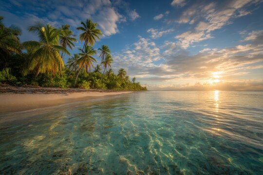 Tranquil beach sunrise calm water golden light lush vegetation