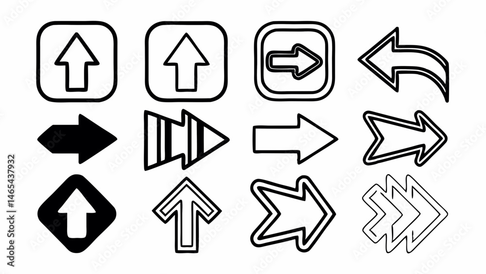 Poster collection of twelve arrow icons pointing in various directions including up left and right in black